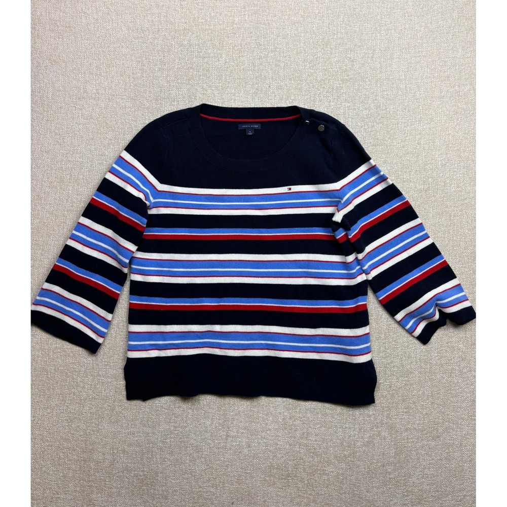 Tommy Hilfiger Womens Striped Cotton Knit Sweater Navy Blue Red White Medium